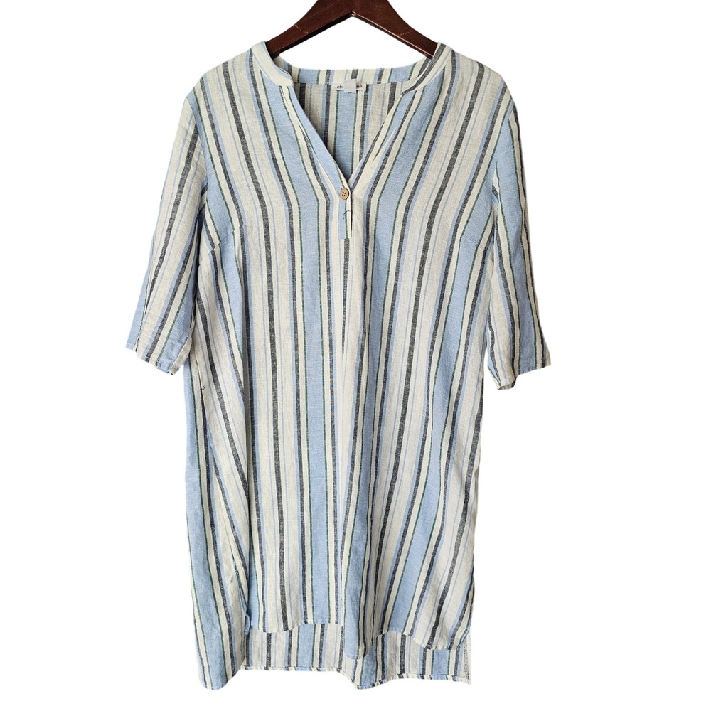 Chloe Rene Rayon Linen Striped Tunic Dress PL Petite Large Blue White Casual‎